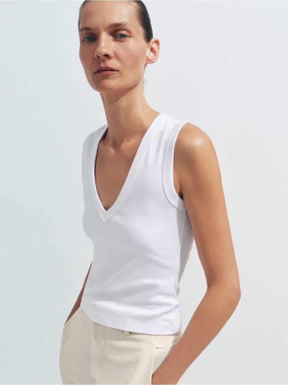 Sleeveless V-Neck Ribbed Tank Top in BEIGE